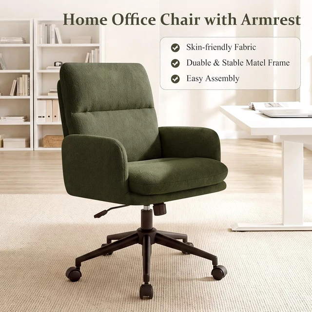 Alt view image 3 of 7 - Comfortable Ergonomic Office Chair Upholstered Desk Chair with Double-Layer Cushioning, Adjustable Height, Padded Armrests, Rolling Wheels & Metal Base, Green