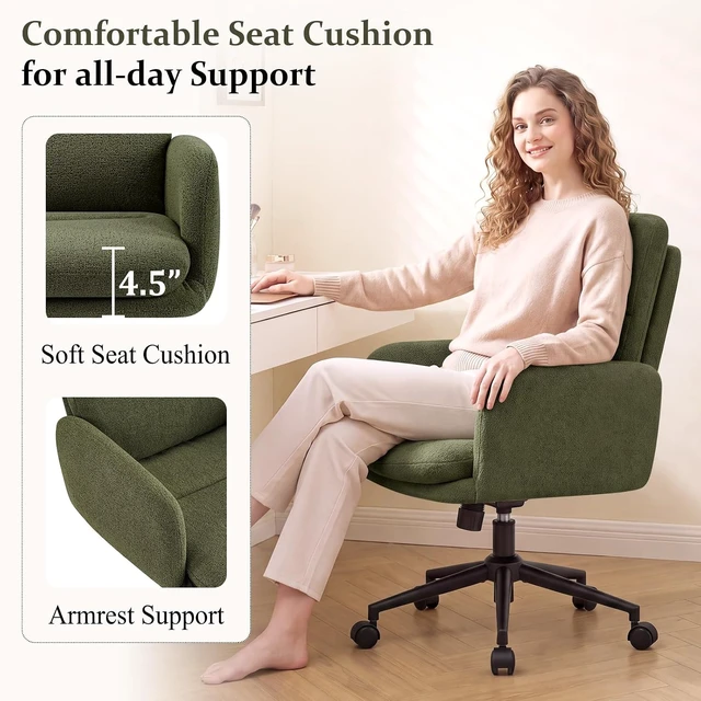 Alt view image 4 of 7 - Comfortable Ergonomic Office Chair Upholstered Desk Chair with Double-Layer Cushioning, Adjustable Height, Padded Armrests, Rolling Wheels & Metal Base, Green