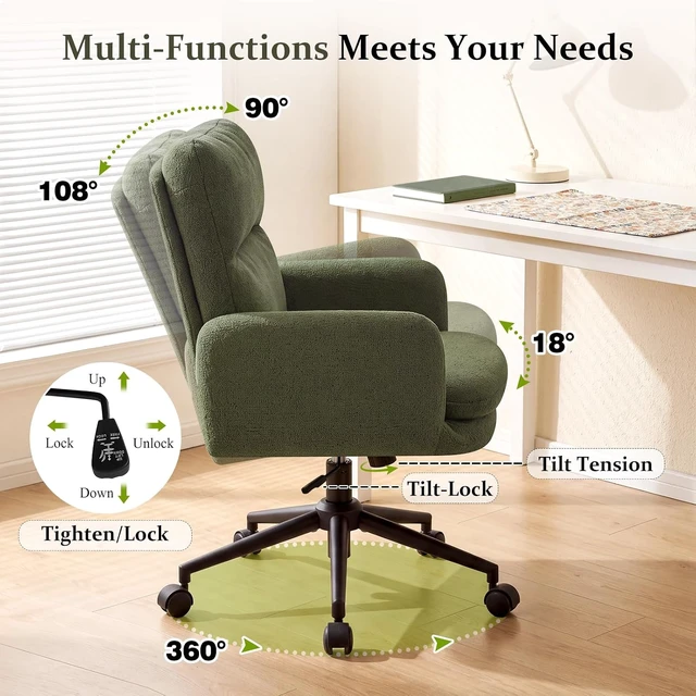 Alt view image 5 of 7 - Comfortable Ergonomic Office Chair Upholstered Desk Chair with Double-Layer Cushioning, Adjustable Height, Padded Armrests, Rolling Wheels & Metal Base, Green