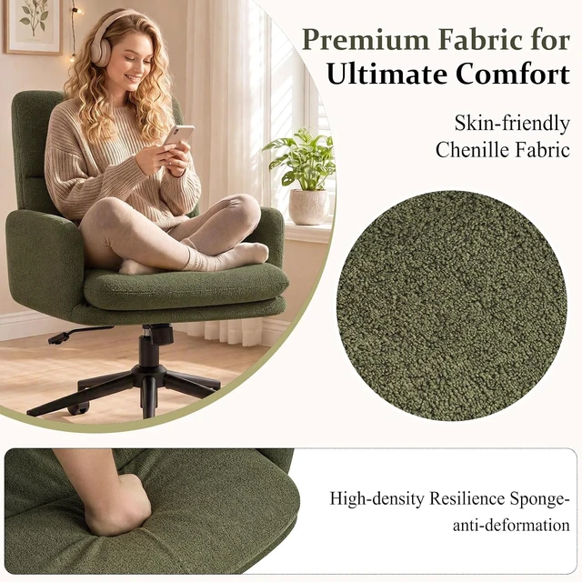 Alt view image 6 of 7 - Comfortable Ergonomic Office Chair Upholstered Desk Chair with Double-Layer Cushioning, Adjustable Height, Padded Armrests, Rolling Wheels & Metal Base, Green