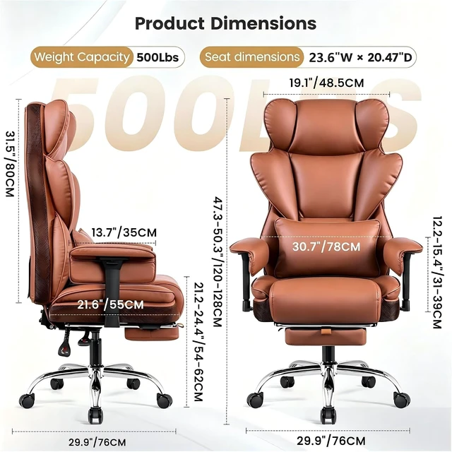 Alt view image 2 of 7 - Big & Tall Office Chair 500 lbs with 23.6" Wide Seat, PU Leather