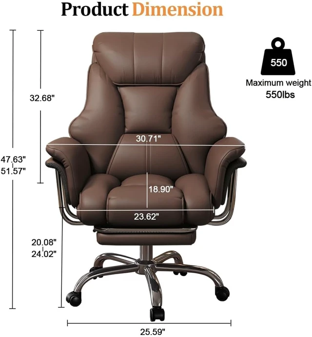 Alt view image 2 of 6 - 550 lbs Big & Tall Office Chair Extra Wide Leather Executive Chair with Retractable Footrest, Heavy-Duty Ergonomic Design, Adjustable Height