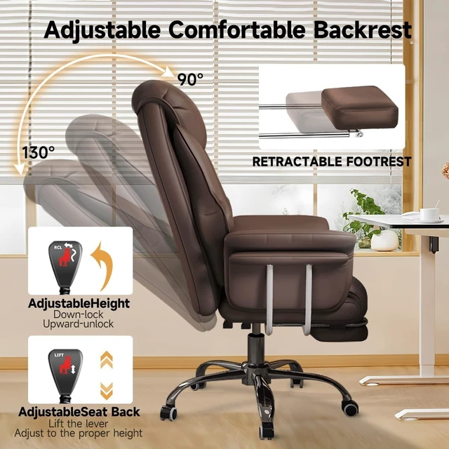 Alt view image 4 of 6 - 550 lbs Big & Tall Office Chair Extra Wide Leather Executive Chair with Retractable Footrest, Heavy-Duty Ergonomic Design, Adjustable Height