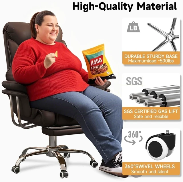 Alt view image 5 of 6 - 550 lbs Big & Tall Office Chair Extra Wide Leather Executive Chair with Retractable Footrest, Heavy-Duty Ergonomic Design, Adjustable Height
