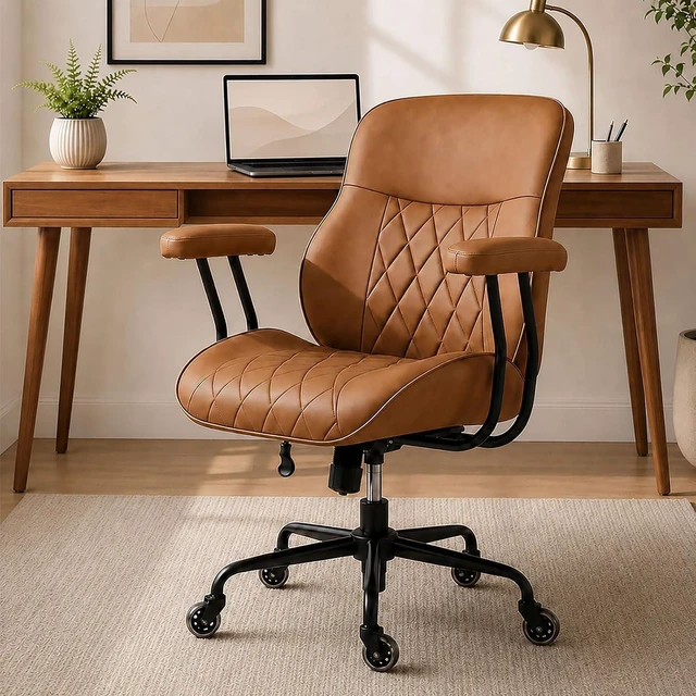 Main image of Office Chair in Brown Leather with Quiet Rubber Wheels