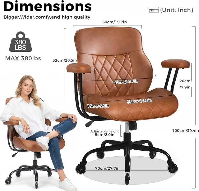 Alt view image 2 of 7 - Office Chair in Brown Leather with Quiet Rubber Wheels