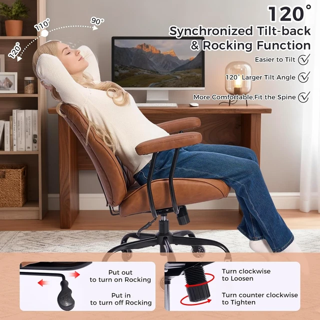 Alt view image 3 of 7 - Office Chair in Brown Leather with Quiet Rubber Wheels