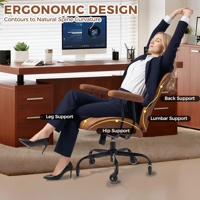 Alt view image 6 of 7 - Office Chair in Brown Leather with Quiet Rubber Wheels