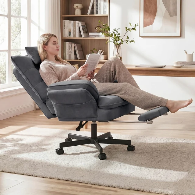Alt view image 3 of 7 - Criss Cross Office Chair with Flip-Up Armrests & Headrest 135° Reclining Swivel Velvet Chair with Wheels & Foot Rest, Big & Tall Cloud Design, Gray