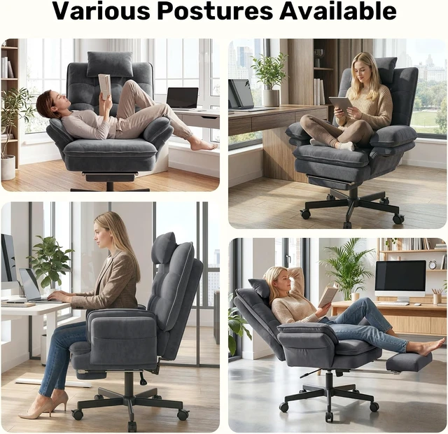 Alt view image 4 of 7 - Criss Cross Office Chair with Flip-Up Armrests & Headrest 135° Reclining Swivel Velvet Chair with Wheels & Foot Rest, Big & Tall Cloud Design, Gray