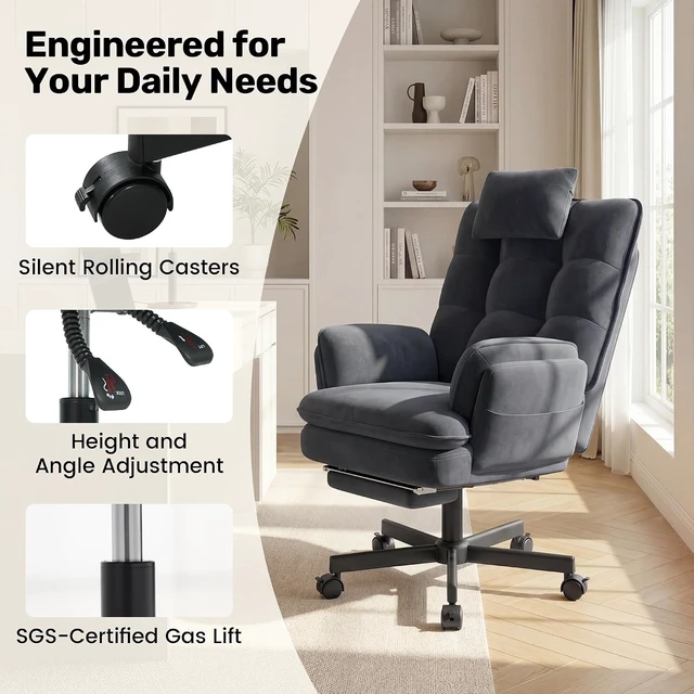 Alt view image 7 of 7 - Criss Cross Office Chair with Flip-Up Armrests & Headrest 135° Reclining Swivel Velvet Chair with Wheels & Foot Rest, Big & Tall Cloud Design, Gray