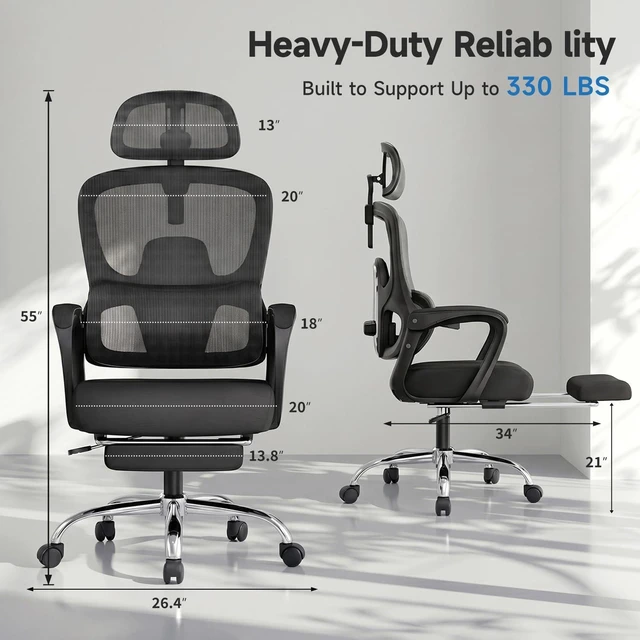 Alt view image 2 of 7 - 90-145° Reclining Ergonomic Office Chair with Footrest, Mesh Desk Chair