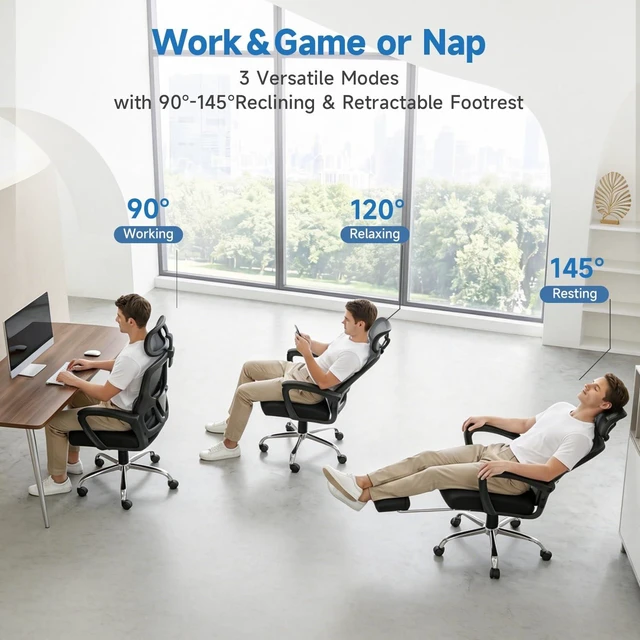 Alt view image 7 of 7 - 90-145° Reclining Ergonomic Office Chair with Footrest, Mesh Desk Chair