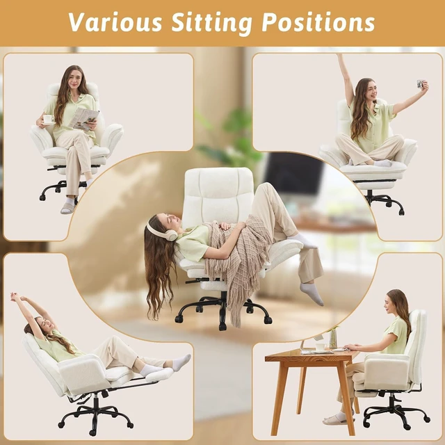 Alt view image 4 of 7 - Wider Seat Office Chair with Flip Armrests for Criss Cross Legged & Cats Big & Tall Ergonomic Reclining Chair with Footrest & Lumbar Pillow, Teddy Fleece, White Vanity Chair
