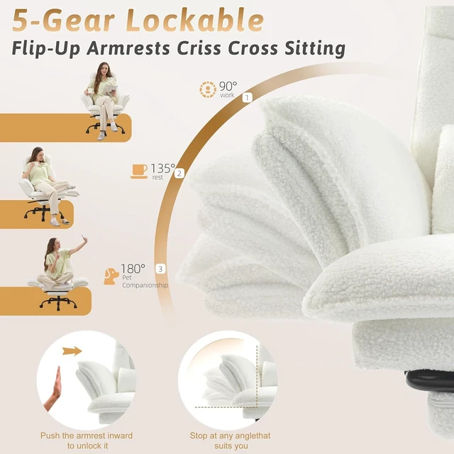 Alt view image 6 of 7 - Wider Seat Office Chair with Flip Armrests for Criss Cross Legged & Cats Big & Tall Ergonomic Reclining Chair with Footrest & Lumbar Pillow, Teddy Fleece, White Vanity Chair