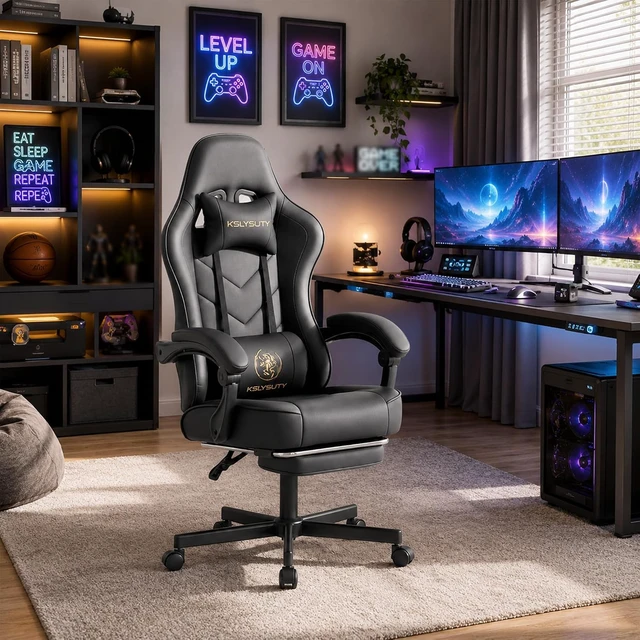 Alt view image 2 of 7 - Office Desk Computer Gaming Chair for Adults Ergonomic High Back Gamer Chair with Massage & Pocket Spring Cushion, Footrest & Lumbar Support (Black)