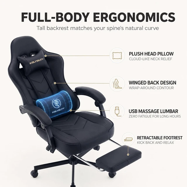 Alt view image 5 of 7 - Office Desk Computer Gaming Chair for Adults Ergonomic High Back Gamer Chair with Massage & Pocket Spring Cushion, Footrest & Lumbar Support (Black)