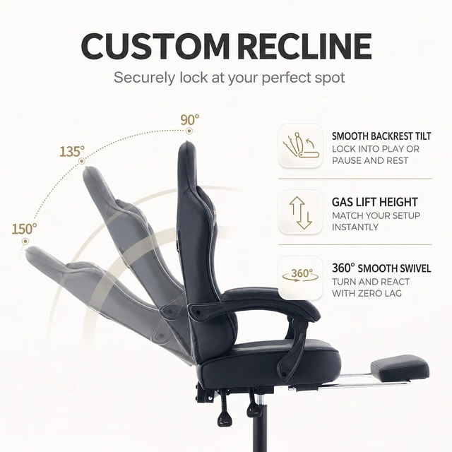 Alt view image 6 of 7 - Office Desk Computer Gaming Chair for Adults Ergonomic High Back Gamer Chair with Massage & Pocket Spring Cushion, Footrest & Lumbar Support (Black)