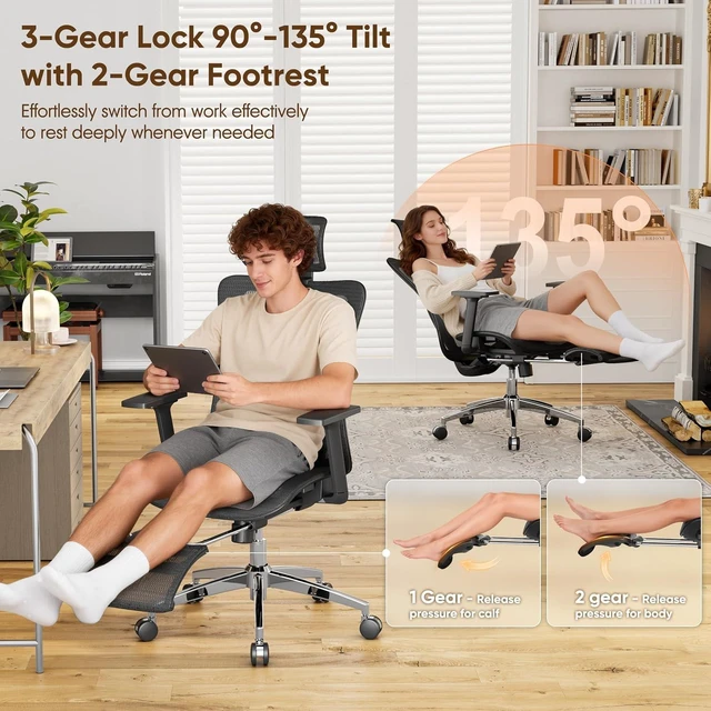 Alt view image 5 of 7 - Ergonomic Office Chair with Footrest 135° Reclining Desk Chair with Adjustable Lumbar Support, 3D Armrest, Headrest & Large Steel Base, 300LBS Heavy Duty Mesh