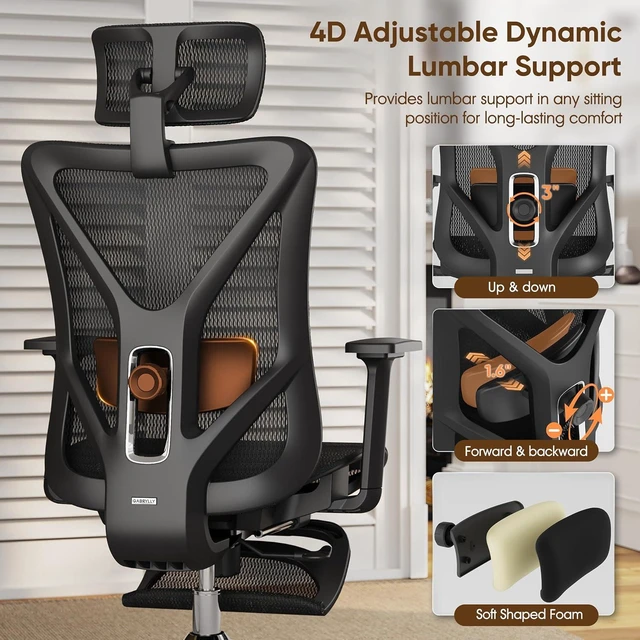Alt view image 4 of 7 - Ergonomic Office Chair with Footrest 135° Reclining Desk Chair with Adjustable Lumbar Support, 3D Armrest, Headrest & Large Steel Base, 300LBS Heavy Duty Mesh