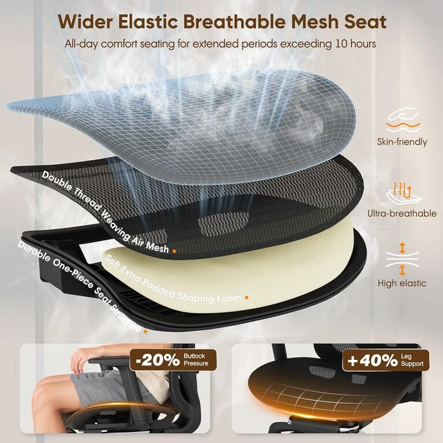 Alt view image 6 of 7 - Ergonomic Office Chair with Footrest 135° Reclining Desk Chair with Adjustable Lumbar Support, 3D Armrest, Headrest & Large Steel Base, 300LBS Heavy Duty Mesh