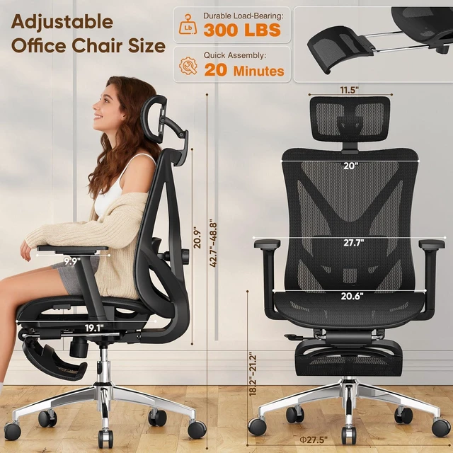 Alt view image 3 of 7 - Ergonomic Office Chair with Footrest 135° Reclining Desk Chair with Adjustable Lumbar Support, 3D Armrest, Headrest & Large Steel Base, 300LBS Heavy Duty Mesh
