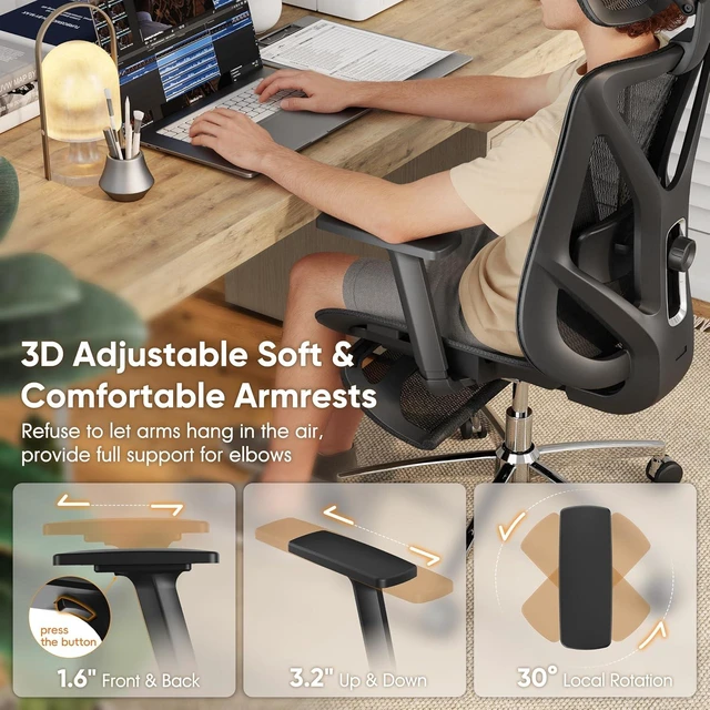 Alt view image 7 of 7 - Ergonomic Office Chair with Footrest 135° Reclining Desk Chair with Adjustable Lumbar Support, 3D Armrest, Headrest & Large Steel Base, 300LBS Heavy Duty Mesh