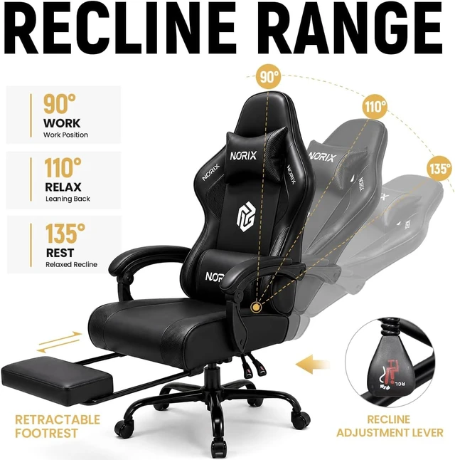 Alt view image 7 of 7 - Ergonomic Video Gaming Chair for Adults with Footrest, Computer Chair, Black