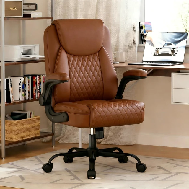 Main image of Mid-Back Comfortable Office Chair with Flip-Up Arms, Brown