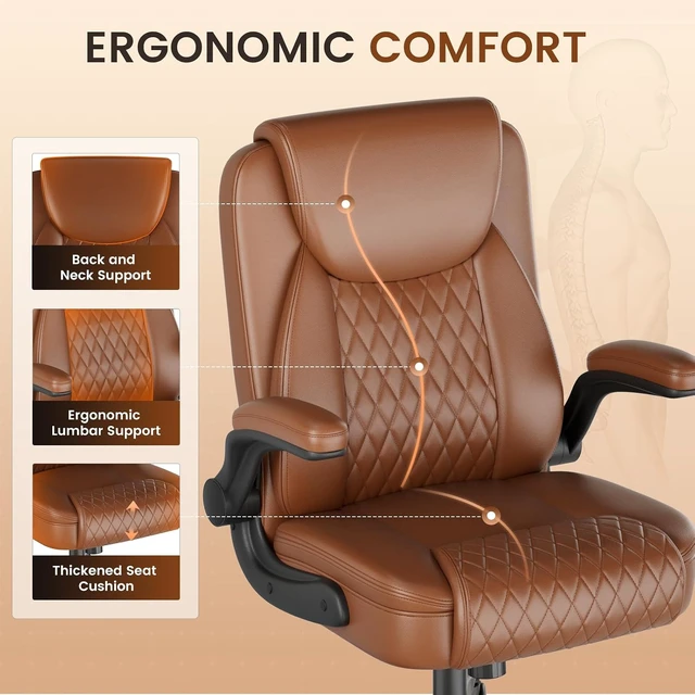 Alt view image 3 of 7 - Mid-Back Comfortable Office Chair with Flip-Up Arms, Brown