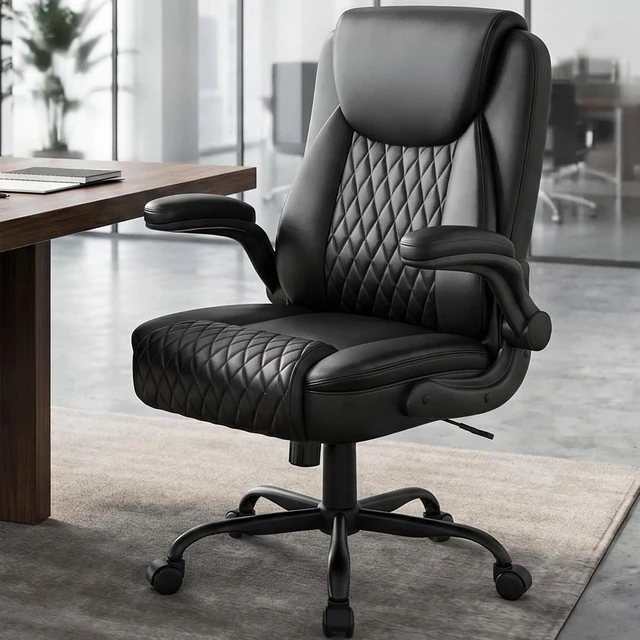 Alt view image 2 of 7 - Executive Office Chair with Comfortable Lumbar Support Ergonomic Gaming Chair with Flip-Up Armrests & Zoned Pressure-Relief Cushion, Comfy PU Leather, Black