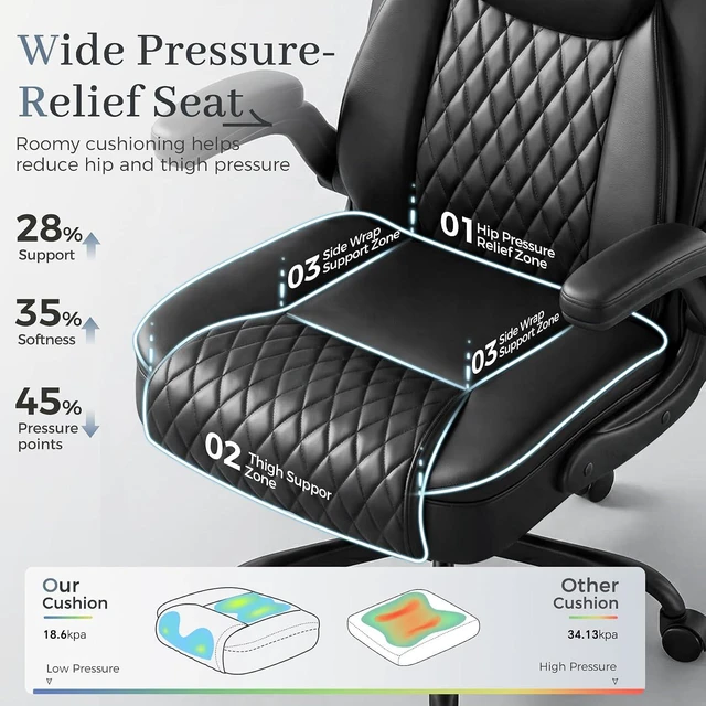 Alt view image 4 of 7 - Executive Office Chair with Comfortable Lumbar Support Ergonomic Gaming Chair with Flip-Up Armrests & Zoned Pressure-Relief Cushion, Comfy PU Leather, Black