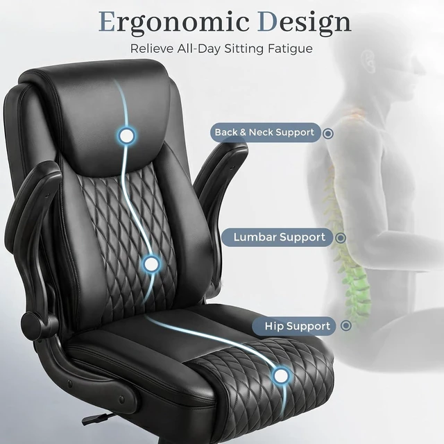 Alt view image 6 of 7 - Executive Office Chair with Comfortable Lumbar Support Ergonomic Gaming Chair with Flip-Up Armrests & Zoned Pressure-Relief Cushion, Comfy PU Leather, Black