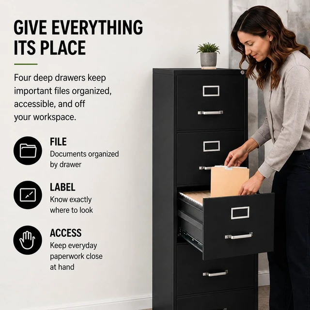 Alt view image 5 of 7 - 52" Vertical Black Metal Filing Cabinet with 4 Drawers, Lockable Pre-Assembled Letter Size for Home Office