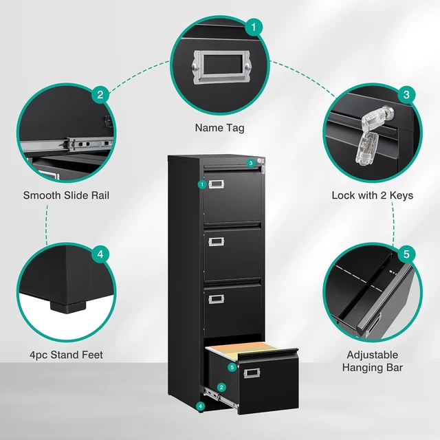 Alt view image 5 of 7 - 4 Drawer File Cabinet with Lock & Tag Black Vertical Narrow Locking Filing Cabinet, Metal Storage for A4 Legal/Letter Size