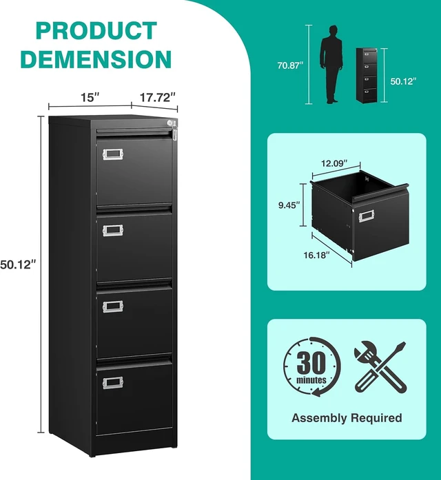 Alt view image 6 of 7 - 4 Drawer File Cabinet with Lock & Tag Black Vertical Narrow Locking Filing Cabinet, Metal Storage for A4 Legal/Letter Size