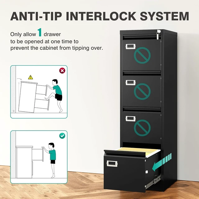 Alt view image 7 of 7 - 4 Drawer File Cabinet with Lock & Tag Black Vertical Narrow Locking Filing Cabinet, Metal Storage for A4 Legal/Letter Size