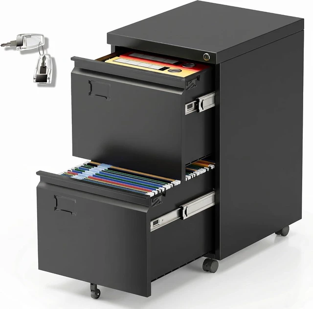Main image of 2-Drawer Mobile File Cabinet with Lock & Wheels, Black