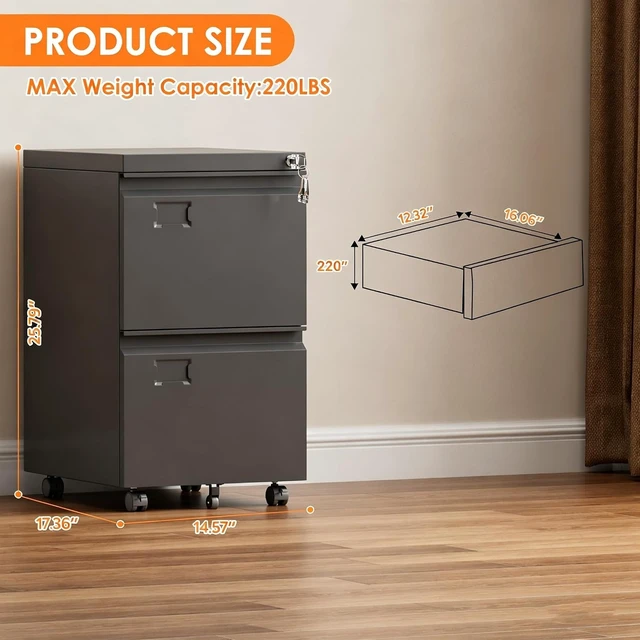 Alt view image 3 of 7 - 2-Drawer Mobile File Cabinet with Lock & Wheels, Black