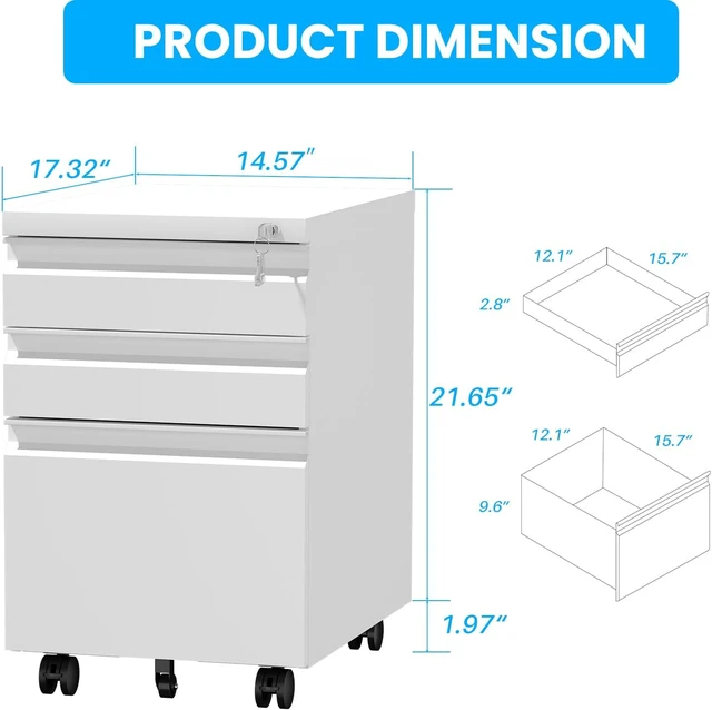 Alt view image 3 of 7 - 3-Drawer Mobile Steel Filing Cabinet with Lock Fully Assembled Under Desk File Cabinet for Letter/Legal/A4 Size, Heavy Duty Storage