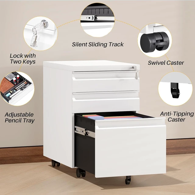 Alt view image 4 of 7 - 3-Drawer Mobile Steel Filing Cabinet with Lock Fully Assembled Under Desk File Cabinet for Letter/Legal/A4 Size, Heavy Duty Storage