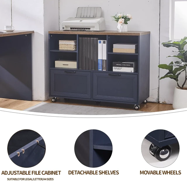 Alt view image 3 of 7 - 39.3" Farmhouse Wood File Cabinet with Wheels Rolling 2 Drawer Storage for Legal/Letter/A4 Size, Small Home Office (Blue)
