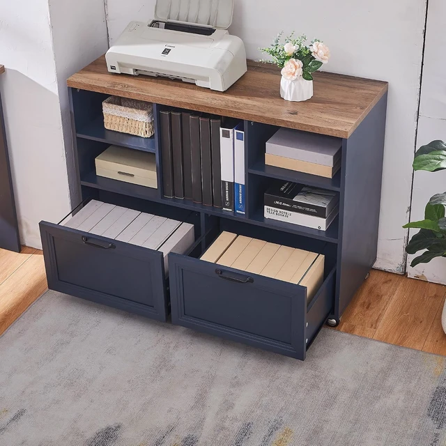 Alt view image 4 of 7 - 39.3" Farmhouse Wood File Cabinet with Wheels Rolling 2 Drawer Storage for Legal/Letter/A4 Size, Small Home Office (Blue)