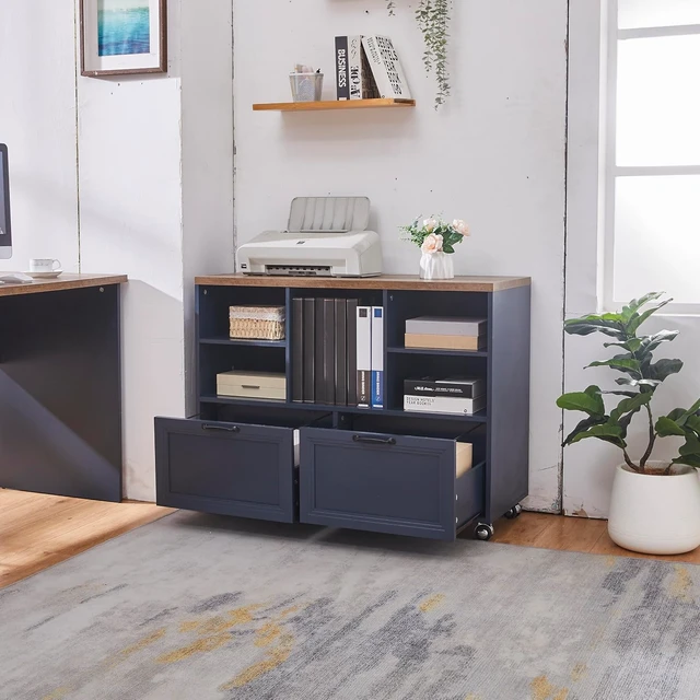 Alt view image 5 of 7 - 39.3" Farmhouse Wood File Cabinet with Wheels Rolling 2 Drawer Storage for Legal/Letter/A4 Size, Small Home Office (Blue)