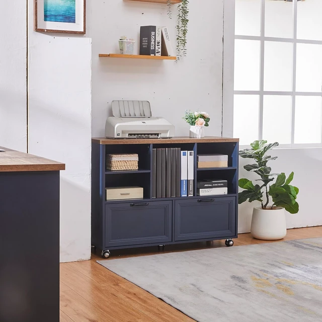 Alt view image 6 of 7 - 39.3" Farmhouse Wood File Cabinet with Wheels Rolling 2 Drawer Storage for Legal/Letter/A4 Size, Small Home Office (Blue)