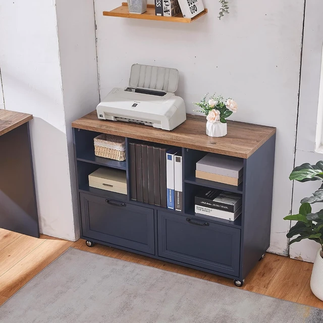 Alt view image 7 of 7 - 39.3" Farmhouse Wood File Cabinet with Wheels Rolling 2 Drawer Storage for Legal/Letter/A4 Size, Small Home Office (Blue)