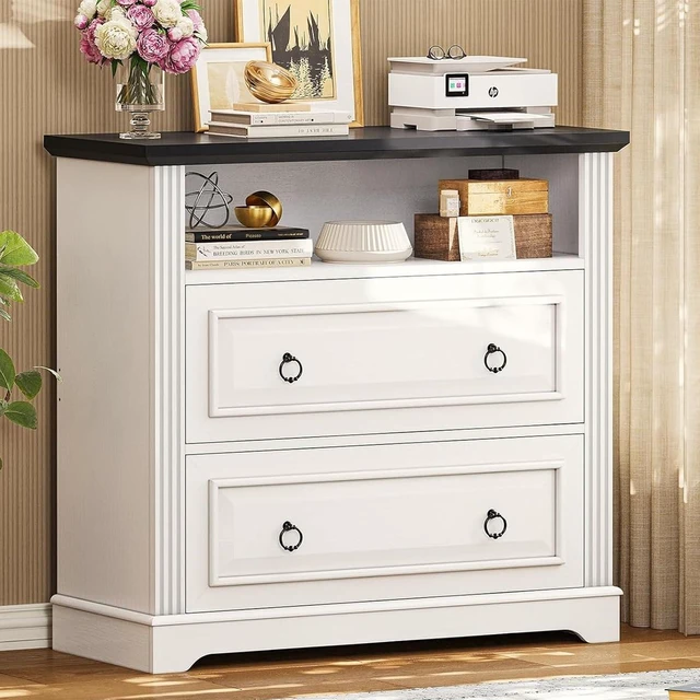 Main image of 2 Drawer Farmhouse File Cabinet Wood Lateral Filing Cabinet with Printer Stand & Storage Shelf, Fits Letter/Legal/A4 Size, White