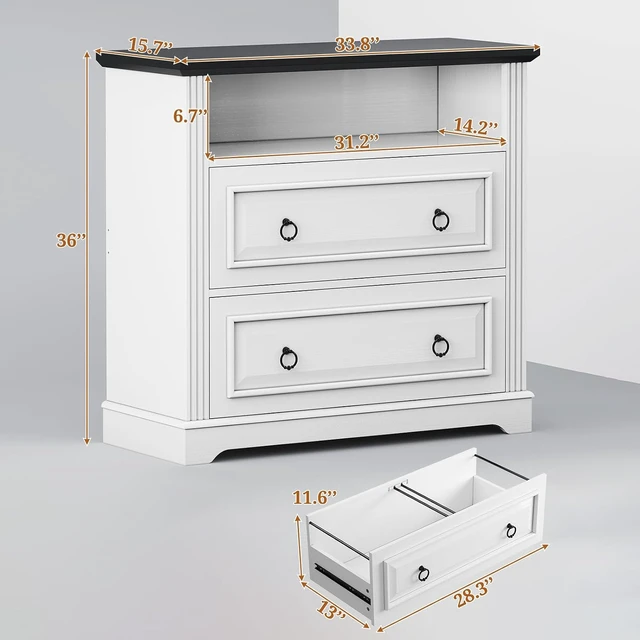 Alt view image 2 of 7 - 2 Drawer Farmhouse File Cabinet Wood Lateral Filing Cabinet with Printer Stand & Storage Shelf, Fits Letter/Legal/A4 Size, White