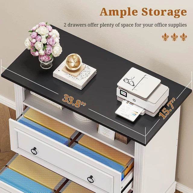 Alt view image 5 of 7 - 2 Drawer Farmhouse File Cabinet Wood Lateral Filing Cabinet with Printer Stand & Storage Shelf, Fits Letter/Legal/A4 Size, White