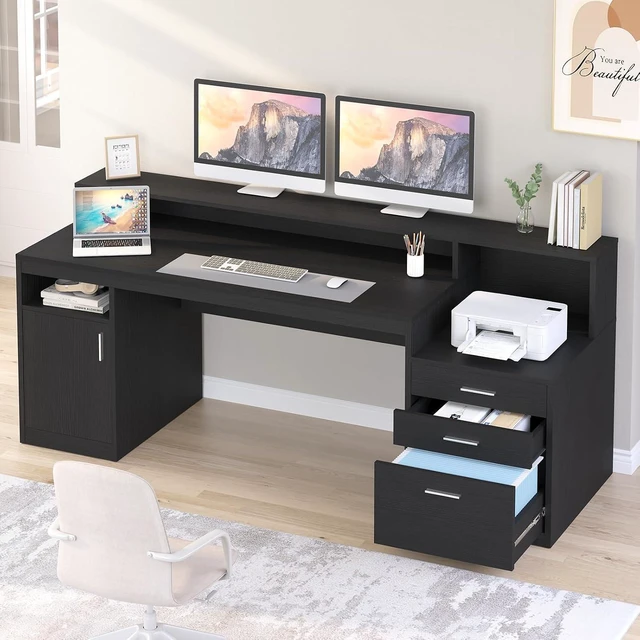 Main image of 65" Black Computer Desk with 3 Drawers & Printer Shelf for Home Office
